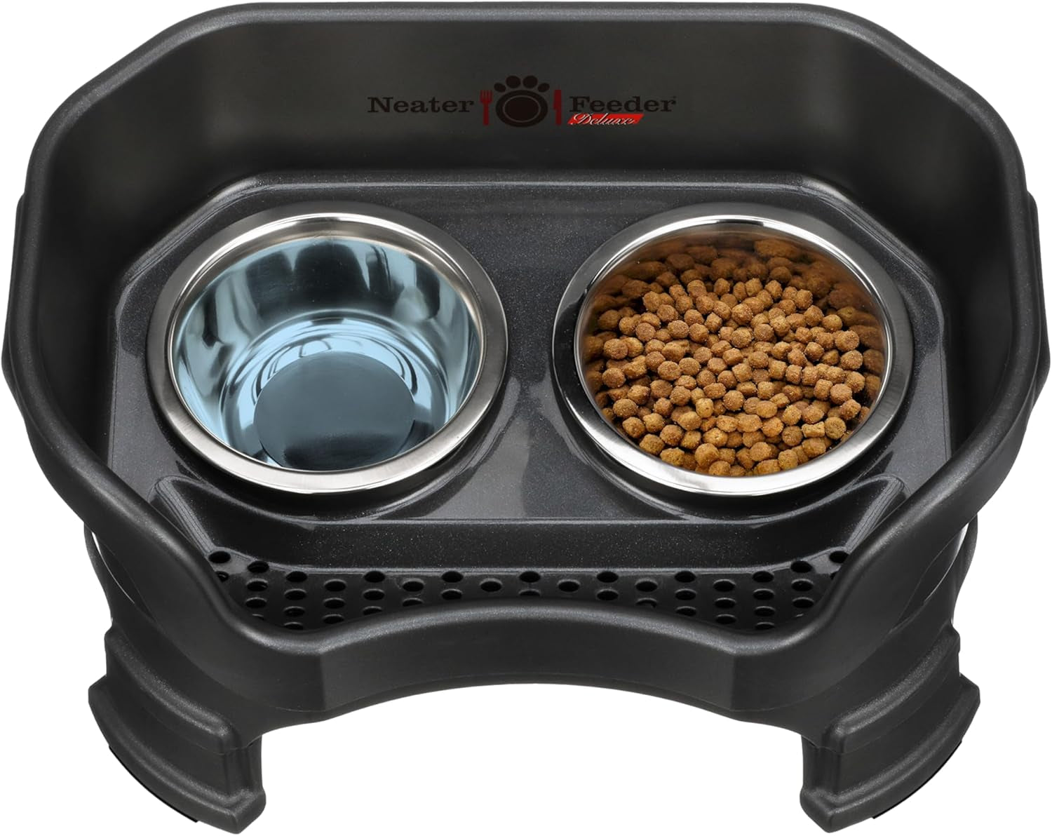 Neater Feeder Deluxe Mess Proof Dog Bowls Elevated for Small Breeds – Made in USA – No Spill Raised Dog Food Bowl Stand W/Leg Extensions – Stainless Steel Dog Food and Water Bowl Set – Black
