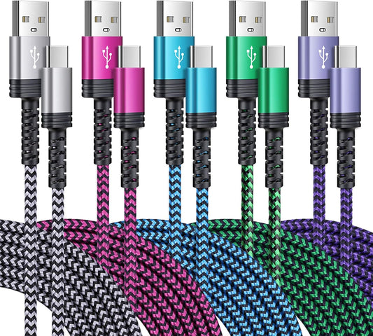 Type C Samsung Fast Charging Cable for Galaxy Z Fold7 Flip7 S25 S24 Ultra A16 A15 A56 A55 A36 A35 A14 A13 5G Fold6 Flip6 Iphone 16E 16 15 Pro Max, 5Pack 6FT Braided USB C Android Auto Car Charger Cord