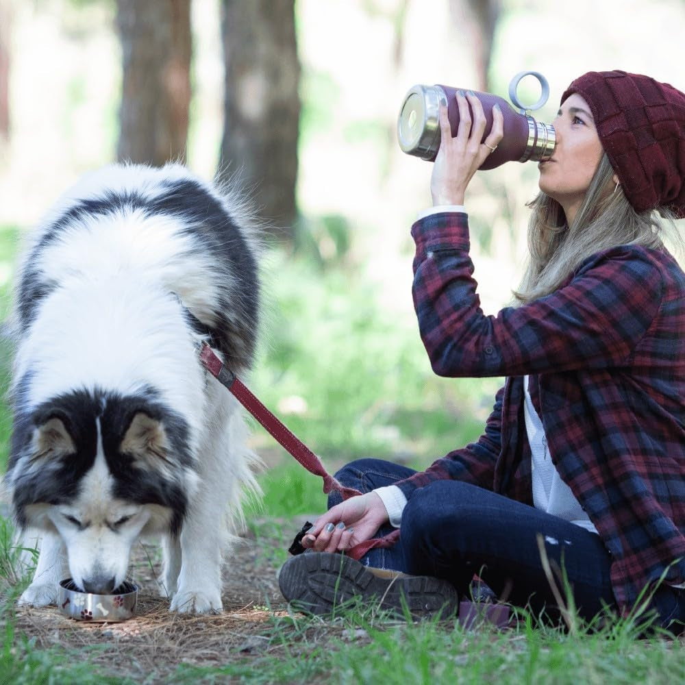 Buddy Bottle a Stainless Steel Insulated Water Bottle for with Removable Dog Water Bowl and Dog Food and Treat Storage Bowl (Burgandy, 37 Oz Water Bottle with Bowl)