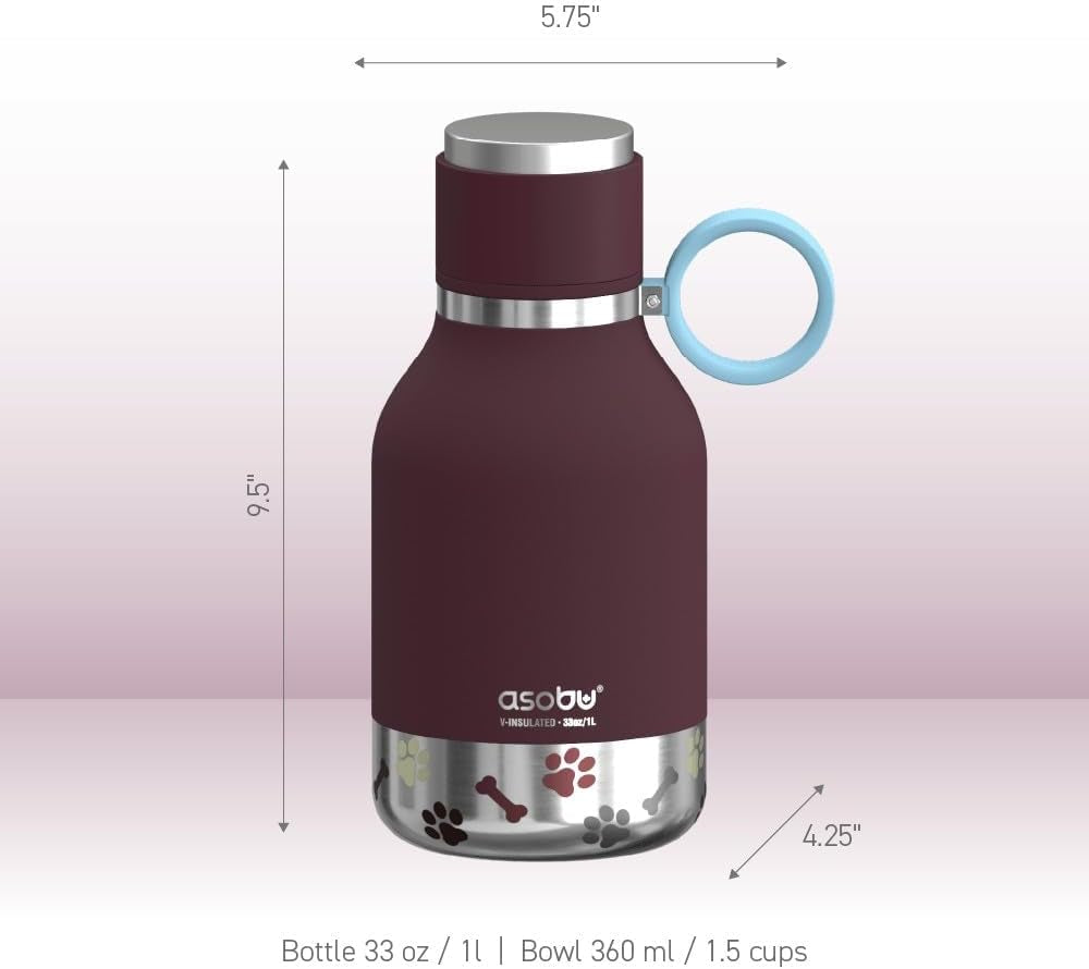 Buddy Bottle a Stainless Steel Insulated Water Bottle for with Removable Dog Water Bowl and Dog Food and Treat Storage Bowl (Burgandy, 37 Oz Water Bottle with Bowl)