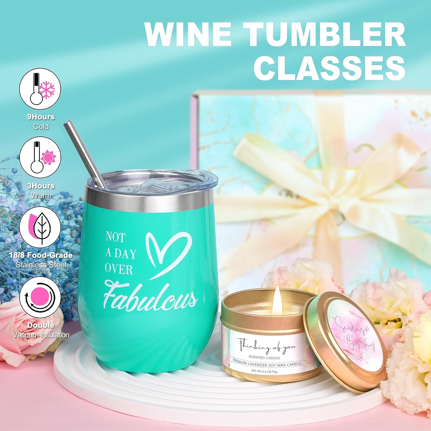 Happy Birthday Gifts for Women - Not a Day over Fabulous 12Oz Green Stainless Steel Tumbler with a Straw, Perfect for Christmas Gifts Self Care Spa Gifts Baskets for Women